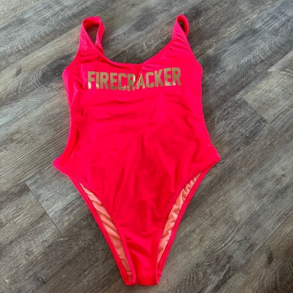 “Firecracker” Gold Graphic Writing High-Thigh One-Piece Swimsuit - Neon Pink - Picture 2 of 8